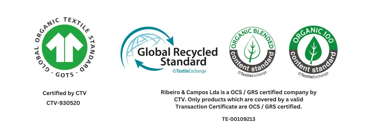 Selos de certificação GOTS, Global Recycled Standard, Organic Blended e Organic 100, com texto sobre a certificação OCS/GRS da Ribeiro & Campos